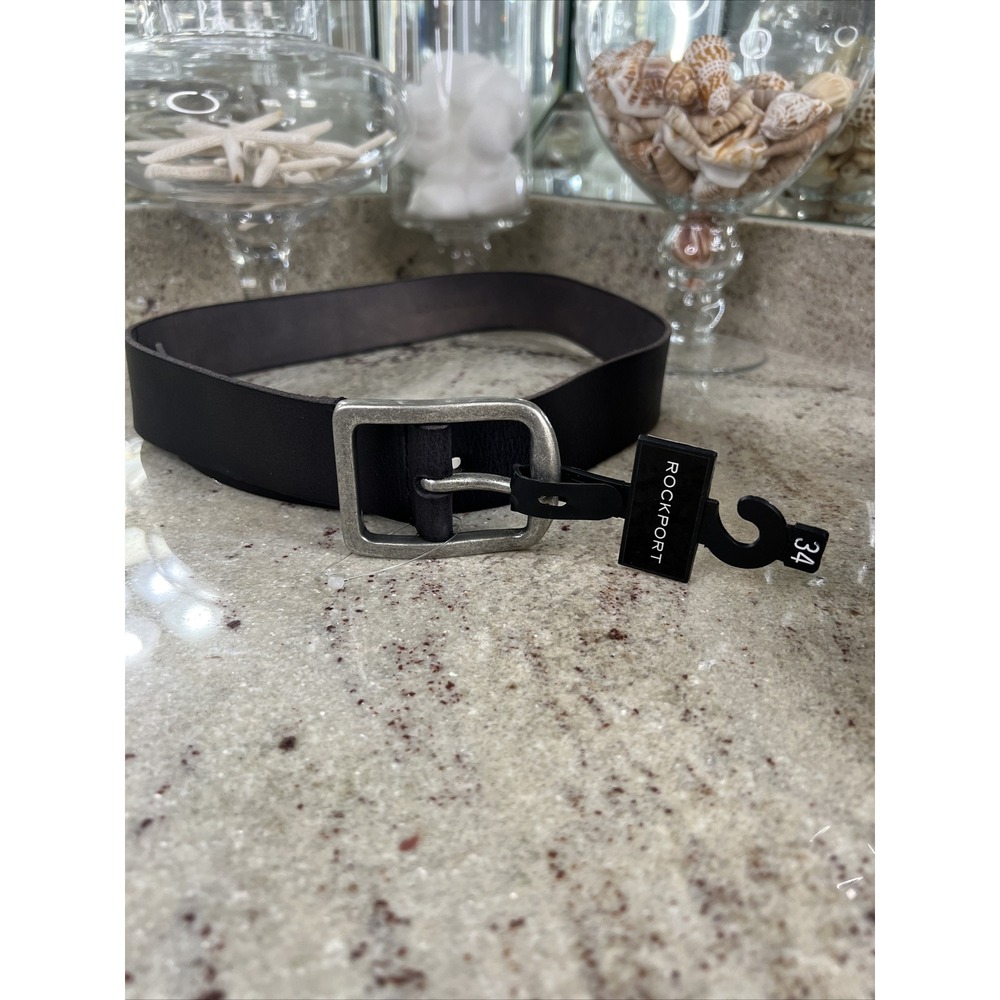 Men's Rockport Black Leather Belt Silver Tone Buckle SZ 34 Rare New Nwt Quality